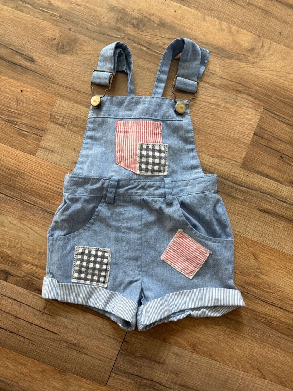 Vintage Light Blue Denim Short Overalls with Patches.